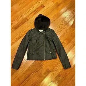 Jack Vegan Faux Leather Black Hooded Women’s Jacket XS Biker Chick